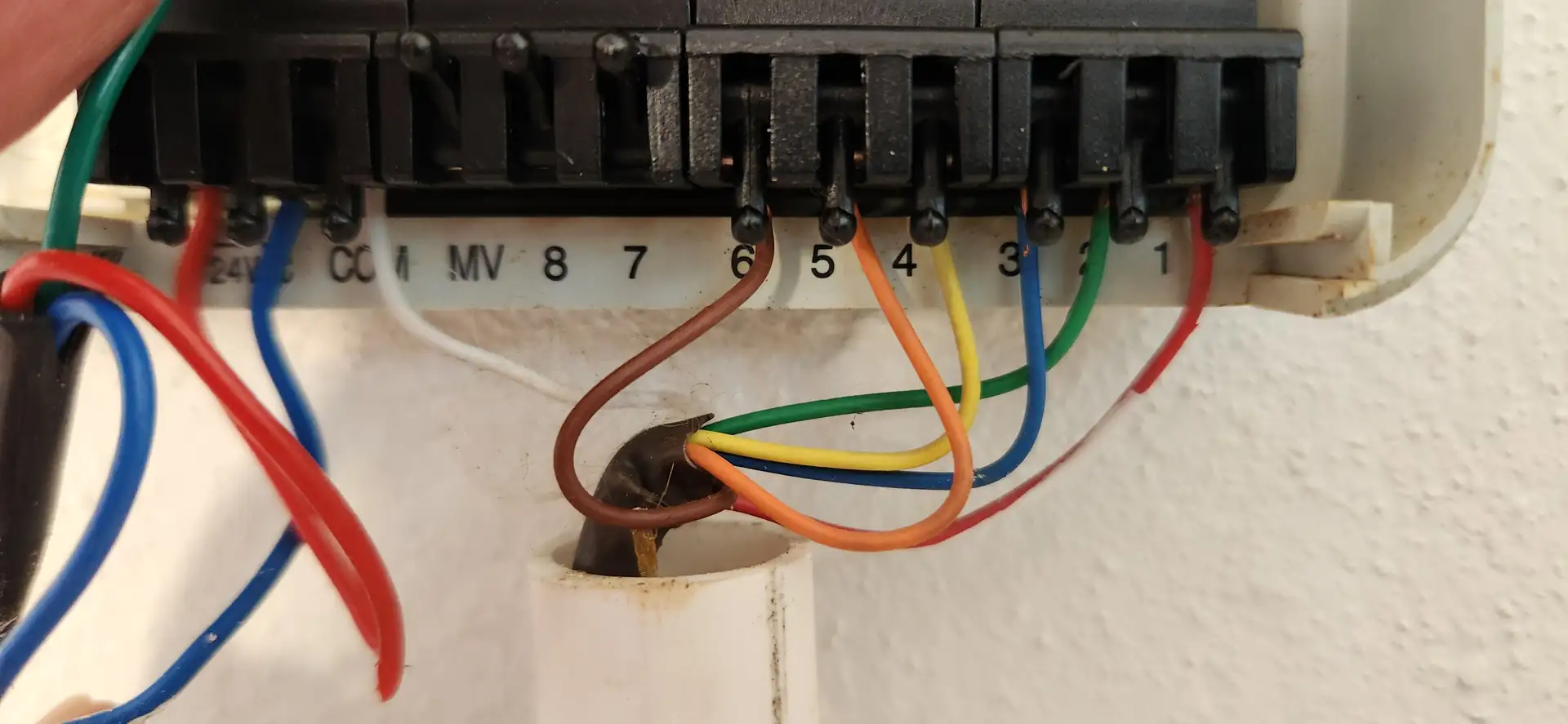 Sprinkler controller zone wiring being checked at the terminal strip